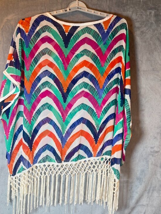 Vintage Love Tops - Boho Fringe Poncho, Top Multicolor Sheer ,Beach Cover Up, Resort Wear, One Size
